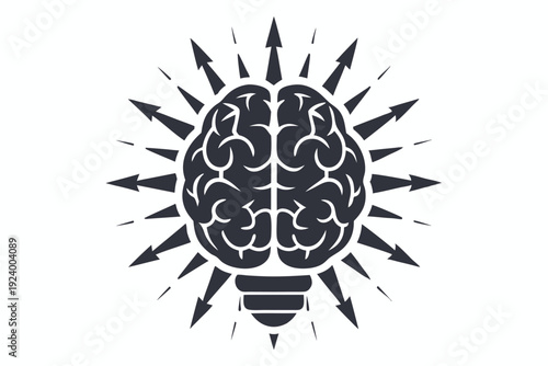 Black brain and lightbulb blend with arrows around it indicates creativity