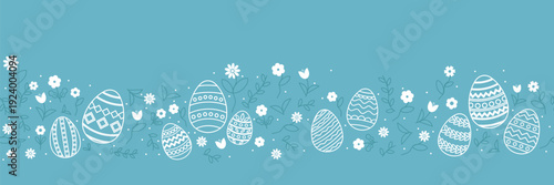 Easter seamless border with decorated eggs. Floral spring ornament on blue background. Festive horizontal holiday pattern