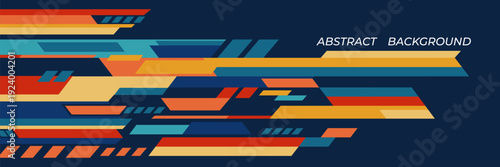 Abstract geometric background with colorful stripes. Dynamic layered shapes on dark blue. Modern banner composition