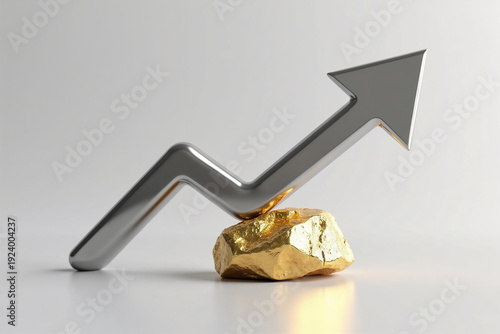 Bullish Gold Market Concept with Metallic Silver Arrow Pointing Upward on White Background