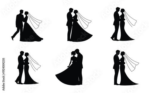 Black silhouettes of romantic couples in love wedding dress veil and suit on white background symbolizing marriage relationship and affection in various poses