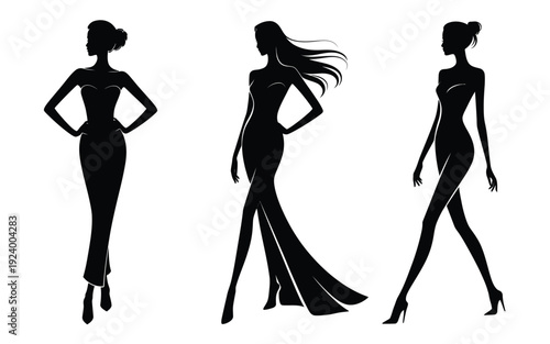 Three elegant women in black silhouette formal dresses and high heels standing poses with flowing hair white background