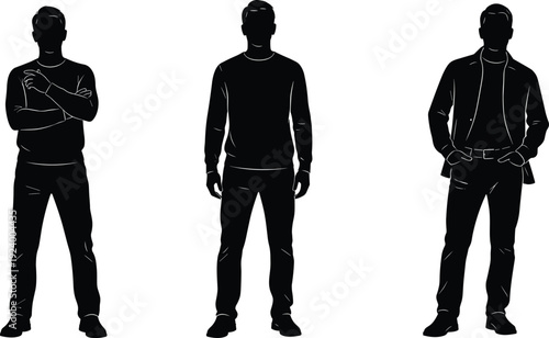 Black male silhouette collection, three standing poses isolated on white background, full body shadow figures, anonymous people concept modern stock
