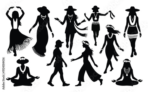 Black silhouettes of people in various dance poses and relaxed positions with hats and necklaces on white background