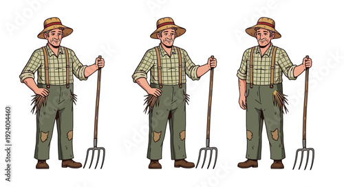 Three identical farmers with straw hats and pitchforks are depicted