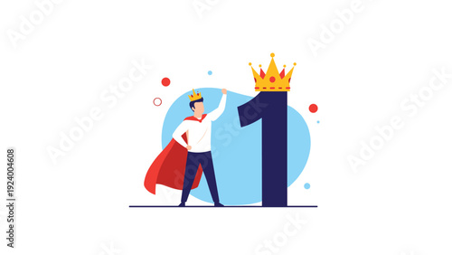 Man wearing a cape and crown celebrating success next to a giant number one representing winning and victory.