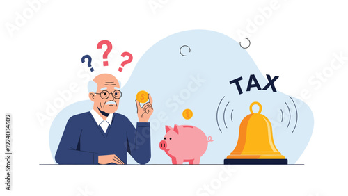 Confused senior man holding a coin next to a piggy bank and a ringing tax bell for retirement financial stress.