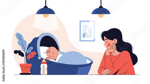 Tired mother watching her baby sleep peacefully in a blue cradle at night under soft warm lighting in the nursery.