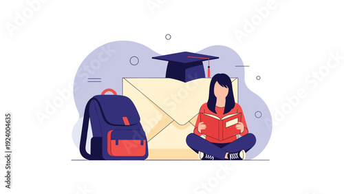 Young girl sitting and reading a book in front of a giant envelope with a graduation cap for academic success.