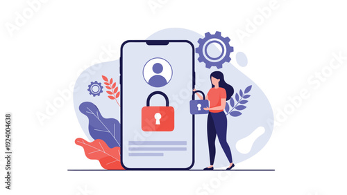 Woman protecting personal data on a large smartphone using padlocks for cybersecurity and mobile privacy concept.