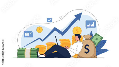 Man working on a laptop while leaning against a large money bag with upward financial charts in the background.