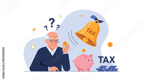 Senior man looking concerned at his savings while a giant bell labeled tax rings loudly over his piggy bank and limited coins.