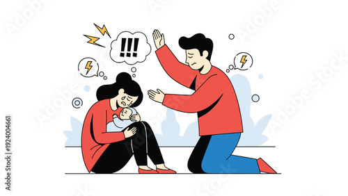 Sad woman holding her baby while crying during a heated domestic argument with her partner showing signs of family distress.