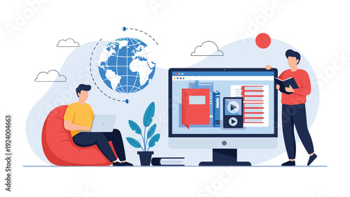 Students using modern digital technology for global education and remote learning with computer screens and international connectivity.