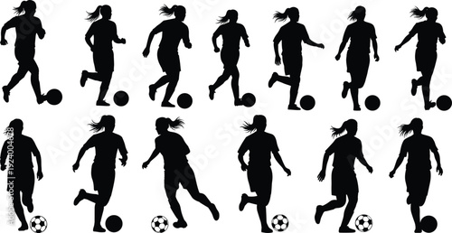 Female soccer player silhouette collection, women running with ball isolated on white background, black shadow sports set