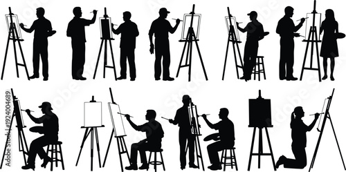 Artist painting silhouette collection, painters with easel and canvas isolated on white background, black shadow art set