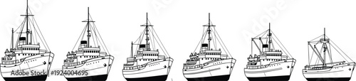 Fishing boat collection front view silhouettes, commercial trawler ships vector illustration, marine transport fleet isolated design for nautical industry artwork