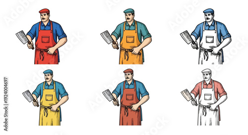Three butchers depicted in various color schemes holding meat mallets