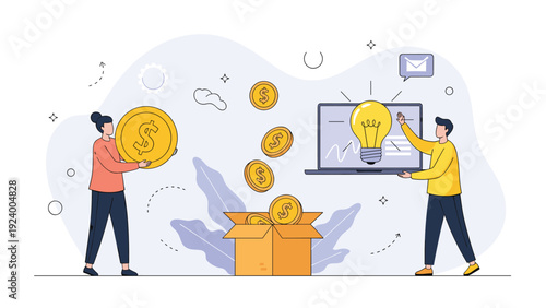 Business partners working together to fund a new creative project by placing golden coins into a box linked to a glowing lightbulb idea.