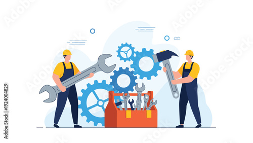 Skilled technicians using large wrenches and hammers to maintain a complex industrial machine made of blue interconnected gears.