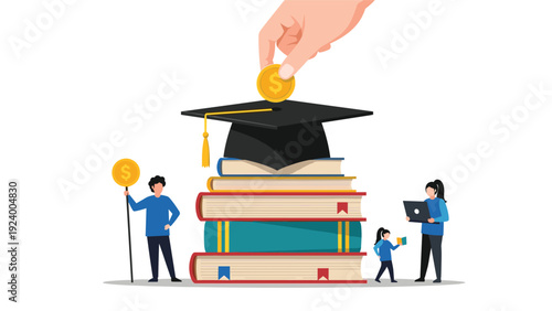 Giant hand placing a golden coin into a graduation cap sitting on a stack of books to symbolize investing in a childs future education.