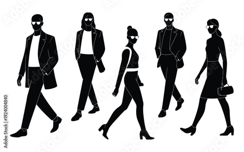 Business people walking in a line formal attire black silhouettes on white background professional crowd