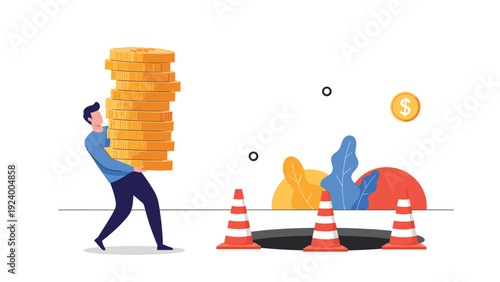 Man struggling to carry an unstable tall stack of golden coins towards a dangerous deep hole surrounded by traffic cones for safety.