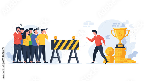 Concerned group of people stopped by a black and yellow barrier from reaching a golden trophy and piles of wealth on the other side.