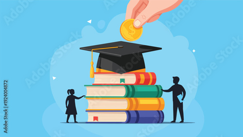 Large hand dropping a golden coin into a graduation cap on top of a pile of books to illustrate the high financial cost of a degree.