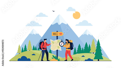 Adventurous couple using a map and a large compass to navigate through a beautiful mountain landscape during their hiking journey.