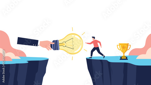 Giant hand holding a glowing lightbulb to bridge the gap between two cliffs allowing a man to reach a golden trophy of success.