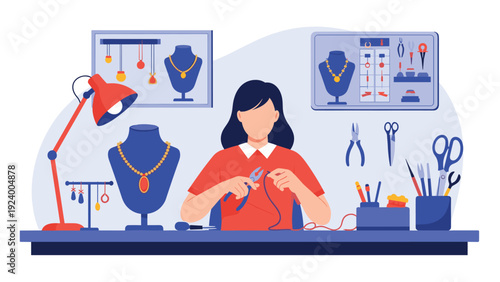 Skilled jewelry maker working at workshop table with pliers and tools creating beautiful necklaces and accessory pieces.