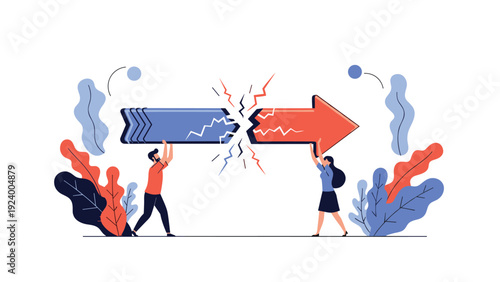 Man and woman pushing two massive opposing arrows against each other representing a direct conflict or intense business competition.