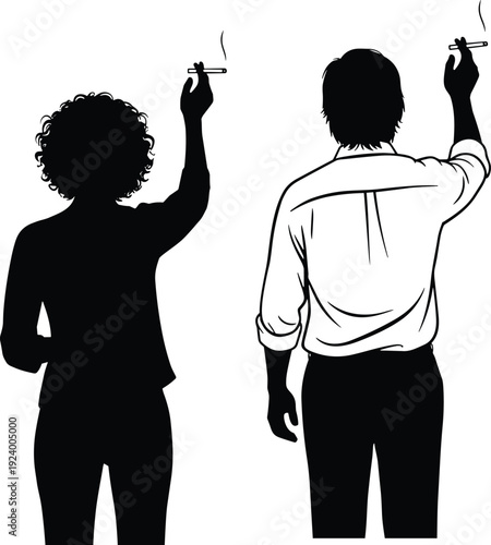 Man and woman smoking cigarette silhouettes back view, urban lifestyle people vector illustration isolated for social habit and character design