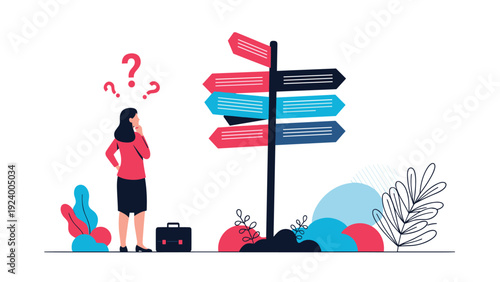 Confused businesswoman standing before a multi-directional signpost with many arrows for difficult career choices.