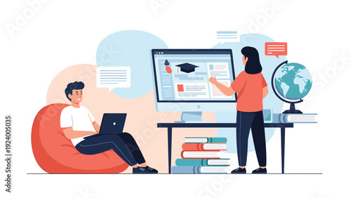 Students studying together with one in a beanbag chair and another at a desk with computers for online education.