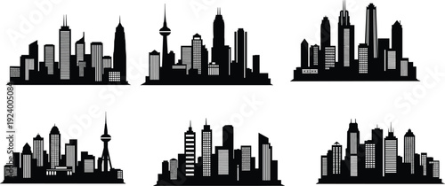 Modern city skyline silhouettes collection, urban buildings skyscraper vector illustration set isolated for architecture, travel and metropolitan landscape design artwork
