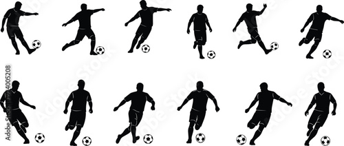 Soccer player action silhouettes collection, football athlete kicking running dribbling poses vector illustration set isolated for sports design artwork