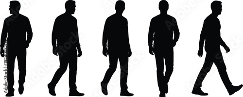 Male silhouette walking sequence, side view black shadow figures isolated on white background, full body motion collection stock