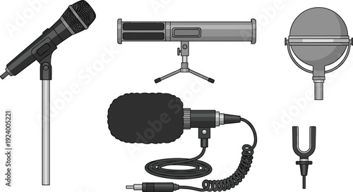 Professional studio microphone collection with condenser, shotgun, lapel and handheld audio recording equipment vector illustration