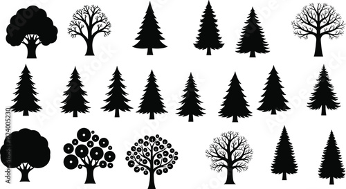 Tree silhouette collection with pine fir and deciduous shapes, forest nature vector illustration set isolated for landscape and botanical design