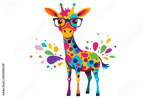 Colorful artistic giraffe in with eyeglasses colorful paint splatters on white background sate 