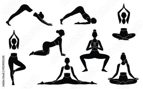 Collection of women practicing various yoga poses in black silhouette on white background for fitness and wellness concepts