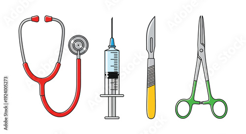 Medical instruments including a stethoscope syringe scalpel and forceps