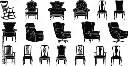 Vintage and modern chair silhouettes collection, classic armchair rocking chair dining chair vector illustration set isolated furniture design elements