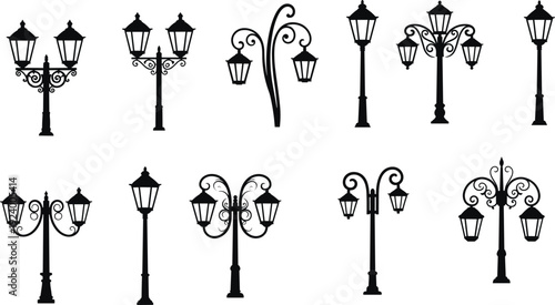 Vintage decorative street lamp silhouettes collection, classic lantern post vector illustration set isolated for urban lighting and architectural design artwork