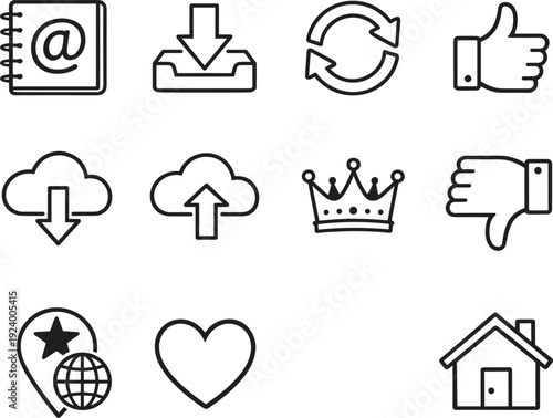 Social media and user interface line icon set with upload, download, like, refresh and home symbols vector