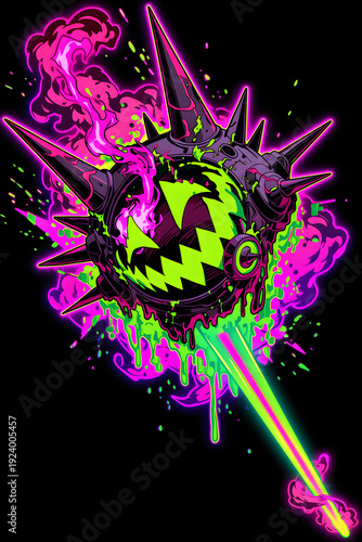 Psychedelic cyberpunk sticker graphic with floating acid orb creature and neon spikes