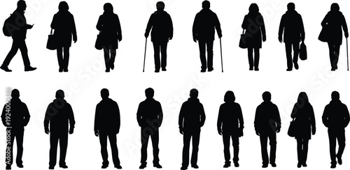 Senior people silhouette collection, elderly men and women walking standing with cane isolated on white background, black shadow set
