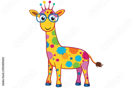 Colorful artistic giraffe in with eyeglasses colorful paint splatters on white background sate 